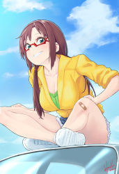 Rule 34 | 1girl, bandaid, bandaid on knee, bandaid on leg, blue eyes, brown hair, casual, commentary request, denim, denim shorts, glasses, highres, hori shin, indian style, looking at viewer, low twintails, makinami mari illustrious, neon genesis evangelion, outdoors, shoes, shorts, sitting, sky, sleeves rolled up, smile, sneakers, solo, twintails