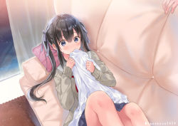 Rule 34 | 1girl, artist name, black hair, blue eyes, blue ribbon, blue skirt, commentary request, couch, curtains, hair between eyes, hair ribbon, hanekoto, indoors, long hair, long sleeves, looking at viewer, no mouth, on couch, original, red neckwear, ribbon, school uniform, serafuku, skirt, smelling, solo focus, twitter username