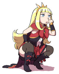 Rule 34 | 1girl, blonde hair, blue eyes, cagliostro (granblue fantasy), circlet, granblue fantasy, long hair, nose picking, shadow, solo, squatting, thighhighs, tongue, tongue out, white background, yoshino norihito
