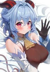 Rule 34 | 1girl, absurdres, ahoge, bare shoulders, bell, black gloves, blue hair, blush, breasts, covered erect nipples, detached sleeves, ganyu (genshin impact), genshin impact, gloves, gold trim, highres, horns, keureu (tiqkdtiqkd10), large breasts, long hair, looking at viewer, neck bell, purple eyes, sidelocks, smile, solo, upper body, waving, white background, white sleeves