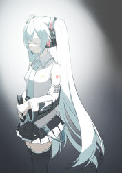 Rule 34 | 1girl, aqua hair, aqua nails, aqua necktie, bare shoulders, belt, black background, black skirt, black sleeves, black thighhighs, closed mouth, commentary, cowboy shot, detached sleeves, grey shirt, hair ornament, hatsune miku, headphones, headset, highres, holding, holding microphone, light particles, long hair, microphone, miniskirt, nail polish, necktie, piano print, pleated skirt, shirt, shoulder tattoo, skirt, sleeveless, sleeveless shirt, solo, spotlight, standing, suzukou, tattoo, thighhighs, twintails, very long hair, vocaloid, zettai ryouiki