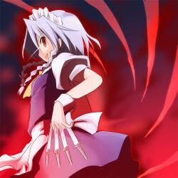 Rule 34 | 1girl, apron, between fingers, braid, commentary request, cowboy shot, emurin, eye trail, grey hair, grin, holding, izayoi sakuya, knife, light trail, long hair, looking at viewer, looking to the side, maid, maid headdress, puffy short sleeves, puffy sleeves, purple skirt, purple vest, red eyes, shirt, short sleeves, skirt, smile, solo, throwing knife, touhou, twin braids, vest, waist apron, weapon, white apron, white shirt