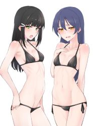 Rule 34 | 2girls, bikini, black bikini, black hair, blue hair, blush, breasts, cowboy shot, embarrassed, green eyes, hair ornament, hairclip, hand on own chest, hand up, highres, in-franchise crossover, kurosawa dia, long hair, looking at viewer, love live!, love live! school idol project, love live! sunshine!!, multiple girls, nasuno (nasuno42), navel, open mouth, ribs, side-tie bikini bottom, simple background, skinny, small breasts, sonoda umi, standing, swimsuit, white background, yellow eyes
