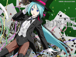 Rule 34 | 1girl, :d, ace (playing card), alternate costume, alternate hairstyle, aqua hair, bad id, bad pixiv id, baton, bird, black pantyhose, blazer, blue eyes, bow, breasts, brooch, buttons, card, character name, clubs, confetti, covered navel, cowboy shot, dutch angle, english text, fishnet pantyhose, fishnets, frilled shirt, frills, gem, gloves, green background, green hair, hair bow, hand on own head, hand up, hat, hatsune miku, holding, iga tomoteru, jacket, jewelry, king (playing card), long hair, long sleeves, looking at viewer, low ponytail, magician, miracle paint (vocaloid), necktie, open clothes, open jacket, open mouth, pantyhose, parted bangs, playing card, ponytail, project diva, project diva (series), queen (playing card), shadow, shirt, small breasts, smile, solo, spade, standing, streamers, thighhighs, top hat, very long hair, vocaloid, waistcoat, wallpaper, white gloves, white shirt