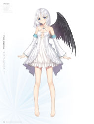 Rule 34 | 1girl, artist name, bare shoulders, barefoot, black wings, blue eyes, breasts, character name, cleavage, collarbone, copyright name, detached sleeves, dress, feathered wings, full body, hair ornament, halterneck, head tilt, highres, looking at viewer, panis angelicus, shining (series), shining ark, shining world, short hair, silver hair, simple background, single wing, sleeveless, sleeveless dress, small breasts, smile, solo, standing, tony taka, white background, white dress, wings