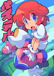 Rule 34 | 1girl, absurdres, bacun, blue eyes, blue sky, cloud, cloudy sky, commentary, curly hair, english commentary, flying, gloves, highres, looking at viewer, open mouth, outdoors, pants, pastel (twinbee), pink hair, puffy short sleeves, puffy sleeves, robot, short hair, short sleeves, sky, smiley face, translation request, twinbee, white gloves, white pants, winbee