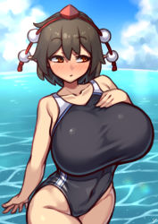 Rule 34 | 1girl, absurdres, alternate costume, black hair, breasts, competition swimsuit, hat, highres, huge breasts, nikuatsu magician shinbo, one-piece swimsuit, pointy ears, pom pom (clothes), red eyes, shameimaru aya, solo, swimsuit, tengu, tokin hat, touhou, water