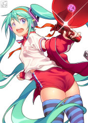 1girl aqua_eyes aqua_hair buruma female_focus from_behind gym_uniform hatsune_miku headphones long_hair looking_back megaphone open_mouth pairan simple_background solo striped_clothes striped_thighhighs thighhighs twintails vertical-striped_clothes vertical-striped_thighhighs very_long_hair vocaloid white_background