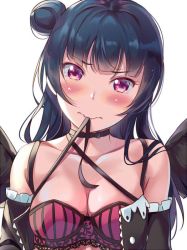 Rule 34 | 10s, 1girl, blue hair, breasts, cleavage, looking at viewer, love live!, love live! sunshine!!, navel, purple eyes, solo, tipii, tsushima yoshiko, upper body