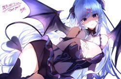 Rule 34 | 1girl, absurdres, bare shoulders, black thighhighs, blue hair, breasts, cleavage, cleavage cutout, clothing cutout, commission, demon girl, demon horns, demon tail, demon wings, detached sleeves, hair ornament, highres, horns, large breasts, looking at viewer, lying, navel, navel cutout, on side, original, purple eyes, skeb commission, smile, solo, tail, thighhighs, tomochi (tmc tmc8), wings