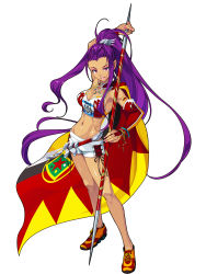 Rule 34 | 1girl, absurdres, bracelet, breasts, bridal gauntlets, cleavage, eyeshadow, feguimel, flag, full body, highres, jewelry, long hair, long legs, makeup, medium breasts, nail polish, navel, no socks, parted lips, pole, purple hair, red eyes, shoes, shorts, simple background, smile, sneakers, solo, very long hair, white background