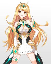Rule 34 | 1girl, :d, arm guards, bare shoulders, breasts, circlet, cleavage, cleavage cutout, clothing cutout, commentary, core crystal (xenoblade), cowboy shot, dress, english commentary, grey background, highres, large breasts, long hair, looking at viewer, mythra (xenoblade), nishiroji, open mouth, simple background, smile, solo, spread legs, swept bangs, thigh strap, upper body, very long hair, white dress, xenoblade chronicles (series)
