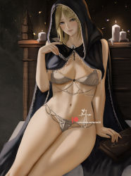 Rule 34 | 1girl, black cloak, blonde hair, blue eyes, bra, breasts, candle, cloak, closed mouth, commentary, elden ring, fia the deathbed companion, fingernails, highres, hood, hood up, hooded cloak, jewelry, looking at viewer, medium hair, navel, panties, patreon username, signature, sitting, solo, underwear, wei (promise 0820)