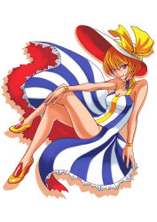 Rule 34 | 1girl, absurdres, bare legs, bare shoulders, bracelet, breasts, cleavage, dress, hat, hat ribbon, highres, jewelry, kakato, crossed legs, long dress, looking at viewer, medium breasts, orange hair, orangina, original, personification, red eyes, ribbon, short hair, side slit, sitting, smile, solo, striped, sun hat, vertical stripes