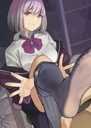 Rule 34 | 10s, 1girl, bow, breasts, chair, clothes pull, collared shirt, dress shirt, feet, grey pantyhose, gridman universe, highres, jacket, large breasts, leg up, light purple hair, long sleeves, looking at viewer, off shoulder, office chair, pantyhose, pantyhose pull, pink eyes, purple jacket, shinjou akane, shirt, short hair, sitting, smile, soles, solo, ssss.gridman, swivel chair, toes, trash bag, white shirt, yomu (sgt epper)