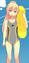 Rule 34 | 1girl, :o, blonde hair, blue eyes, blush, collarbone, competition swimsuit, em (totsuzen no hakike), helma lennartz, holding, innertube, long hair, looking at viewer, one-piece swimsuit, ponytail, solo, strike witches, strike witches: suomus misfits squadron, swim ring, swimsuit, world witches series
