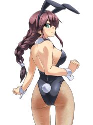Rule 34 | 1girl, akito (sub707), alternate costume, animal ears, ass, black leotard, braid, breasts, brown hair, detached collar, fake animal ears, fake tail, fishnet pantyhose, fishnets, green eyes, highres, kantai collection, large breasts, leotard, noshiro (kancolle), pantyhose, playboy bunny, rabbit ears, rabbit tail, simple background, solo, strapless, strapless leotard, swept bangs, tail, twin braids, white background, wrist cuffs