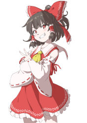 Rule 34 | 1girl, arm ribbon, ascot, bare shoulders, black hair, blush, bow, brown eyes, collarbone, commentary request, cowboy shot, crossed arms, detached sleeves, frilled bow, frills, grin, hair bow, hair tubes, hakurei reimu, half updo, head tilt, highres, inuno rakugaki, long sleeves, looking at viewer, petticoat, red bow, red ribbon, red skirt, ribbon, ribbon-trimmed sleeves, ribbon trim, short hair, sidelocks, simple background, skirt, skirt set, smile, solo, standing, touhou, v, v-shaped eyebrows, white background, wide sleeves, yellow ascot