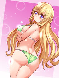 Rule 34 | 1girl, ass, ass focus, bare shoulders, bikini, blonde hair, blue eyes, blush, breasts, butt crack, choujigen game neptune, compile heart, cougar (cougar1404), from behind, half updo, idea factory, large breasts, long hair, looking at viewer, neptune (series), sideboob, smile, solo, swimsuit, vert (neptunia), very long hair, wedgie