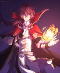 Rule 34 | 1boy, black cape, cape, capelet, closed mouth, commentary, cowboy shot, fingerless gloves, fire, fur-trimmed capelet, fur trim, gloves, hair between eyes, high collar, high wizard (ragnarok online), jewelry, long bangs, long hair, magic, male focus, multiple rings, natsuya (kuttuki), pants, pink hair, purple background, purple eyes, pyrokinesis, ragnarok online, red capelet, ring, shirt, smile, solo, white gloves, white pants, white shirt