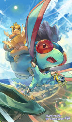 Rule 34 | absurdres, blue sky, buizel, claws, cloud, commentary, commission, creatures (company), english commentary, fangs, flygon, flying, game freak, gen 3 pokemon, gen 4 pokemon, highres, holding, holding map, horizon, map, nintendo, no humans, pokemon, pokemon (creature), pokemon mystery dungeon, sky, sun, thank you, wings, yamaori (hakkentai pokedan)