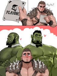 Rule 34 | 3boys, abs, bara, bare pectorals, beard, blush, bow, bowtie, buzz cut, chest harness, colored skin, detached collar, dopey (dopq), facial hair, fangs, fantasy, green skin, harness, heart, highres, interspecies, large pectorals, male focus, mature male, monster boy, multiple boys, muscular, muscular male, nipples, orc, original, paid reward available, paper, pectorals, playboy, raised eyebrow, reading, short hair, size difference, stomach, thick eyebrows, thick thighs, thighs, thought bubble, undercut, very short hair, waiter, warrior, yaoi