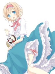 Rule 34 | 1girl, alice margatroid, alternate costume, ascot, basket, blonde hair, bloomers, blush, bow, frilled skirt, frills, hairband, long skirt, open mouth, short hair, simple background, skirt, solo, touhou, tsuno no hito, underwear, white background, wrist cuffs
