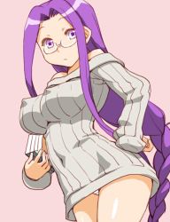 Rule 34 | 1girl, bare shoulders, breasts, covered erect nipples, fate/stay night, fate (series), female focus, glasses, large breasts, long hair, medusa (fate), medusa (rider) (fate), no pants, panties, pantyshot, purple hair, shinama, solo, square pupils, sweater, underwear, very long hair