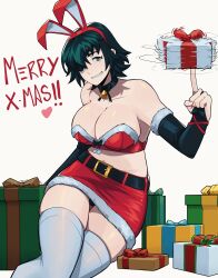 Rule 34 | 1girl, absurdres, aneurysm ax, animal ears, black gloves, box, breasts, chainsaw man, cleavage, elbow gloves, fake animal ears, fingerless gloves, gift, gift box, gloves, green eyes, green hair, grin, highres, himeno (chainsaw man), index finger raised, large breasts, looking at viewer, merry christmas, navel, parted lips, rabbit ears, santa costume, short hair, smile, solo, teeth, thighhighs, white thighhighs