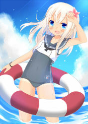 Rule 34 | 10s, 1girl, :d, arm up, bare legs, bare shoulders, blue eyes, blue sky, blush, bracelet, covered navel, crop top, day, flower, hair flower, hair ornament, jewelry, kantai collection, lifebuoy, long hair, looking at viewer, neckerchief, ocean, open mouth, ro-500 (kancolle), sailor collar, school swimsuit, sky, smile, solo, swim ring, swimsuit, swimsuit under clothes, tan, tanline, umi suzume, wading