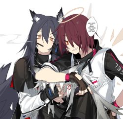 Rule 34 | 3girls, anger vein, animal ears, arknights, arm on own head, arm rest, black coat, black gloves, black hair, capelet, character name, cigarette, clenched teeth, coat, commentary, covering another&#039;s eyes, deathalice, detached wings, english commentary, english text, exusiai (arknights), fingerless gloves, gloves, grin, hair between eyes, hair over one eye, halo, hand on another&#039;s face, hand on own hip, jacket, lappland (arknights), long hair, long sleeves, looking at viewer, multiple girls, name tag, orange eyes, red hair, short hair, simple background, smile, smoke, smoking, speech bubble, tail, teasing, teeth, texas (arknights), trembling, turtleneck, upper body, white background, white hair, white jacket, wings, wolf ears, wolf tail