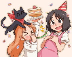 &gt;_&lt; 2girls :d ^_^ apron beachepisode birthday birthday_cake black_cat black_eyes black_hair cake cat closed_eyes closed_lab_coat food happy_birthday hat highres holding holding_plate lab_coat multiple_girls nichijou open_mouth orange_hair own_hands_together party_hat party_horn pink_apron plate professor_shinonome sakamoto_(nichijou) shinonome_nano smile strawberry_cake yellow_background