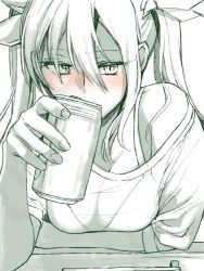 Rule 34 | 10s, 1girl, alternate costume, arm rest, bare shoulders, beer can, blush, bra, bra visible through clothes, breasts, can, cleavage, commentary request, drink can, drinking, hair between eyes, hair over shoulder, hair ribbon, highres, holding, holding can, kantai collection, long hair, looking at viewer, monochrome, multiple monochrome, nose blush, off shoulder, ribbon, shirt, short sleeves, solo, t-shirt, table, tone (kancolle), twintails, underwear, upper body, yami (m31)
