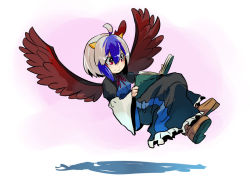 Rule 34 | 1girl, ahoge, blue hair, book, boots, crossed legs, flying, hashiro, head wings, horns, multicolored hair, open book, reading, red eyes, short hair, silver hair, smile, solo, tokiko (touhou), touhou, two-tone hair, wings, yellow horns