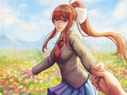 Rule 34 | 1girl, bad id, bad tumblr id, blue skirt, blue sky, brown hair, collared shirt, commentary request, day, deviantart username, doki doki literature club, field, fingernails, flower, flower field, green eyes, grey jacket, hair ribbon, hand grab, jacket, long hair, long sleeves, looking at viewer, monika (doki doki literature club), neck ribbon, outdoors, parted lips, patreon username, pleated skirt, ponytail, pov, pov hands, red ribbon, red vest, ribbon, sciamano240, shirt, skirt, sky, smile, solo, solo focus, standing, vest, white ribbon, white shirt, wing collar