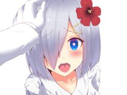 Rule 34 | 1boy, 1girl, admiral (kancolle), blush, commentary request, flower, hair ornament, hamakaze (kancolle), hand on another&#039;s head, headpat, heart, heart-shaped pupils, hibiscus, highres, kantai collection, koumei (twinameless), looking at viewer, one eye covered, open mouth, short hair, silver hair, symbol-shaped pupils