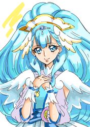 Rule 34 | 1girl, blue eyes, blue hair, blush, cure ange, dress, earrings, eyeshadow, hands on own chest, hat, heart pouch, hugtto! precure, jewelry, lips, long hair, long sleeves, looking at viewer, magical girl, makeup, nurse cap, precure, see-through, see-through sleeves, smile, solo, tsukikage oyama, two-tone dress, upper body, very long hair, white background, white dress, yakushiji saaya