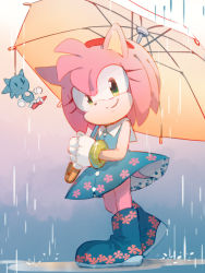Rule 34 | 1girl, amy rose, bad id, bad pixiv id, blue dress, blue footwear, boots, character doll, closed mouth, dress, floral print, full body, furry, furry female, gloves, green eyes, hairband, holding, holding umbrella, jewelry, looking at viewer, msg01, rain, ring, smile, solo, sonic (series), sonic the hedgehog, standing, umbrella, white gloves