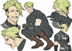 Rule 34 | 1boy, achilles (fate), armor, black gloves, black pants, black sweater, blush, boots, brown eyes, brown footwear, closed eyes, closed mouth, embarrassed, fate (series), gloves, grin, haruakira, looking at viewer, male focus, multiple views, muscular, muscular male, open mouth, pants, ribbed sweater, short hair, simple background, smile, squatting, sweat, sweater, teeth, undercut, white background