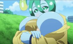 Rule 34 | 1boy, 1girl, animated, anime screencap, arms around another&#039;s head, between breasts, blonde hair, blue skin, breasts, colored skin, dominate female, face between breasts, green eyes, green hair, head between breasts, hug, larger woman, looping animation, monster girl, monster musume no iru nichijou, raincoat, slime girl, smaller boy, sound, suu (monster musume), tagme, video