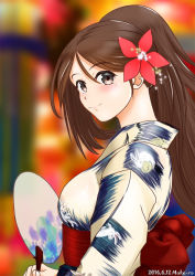 Rule 34 | 10s, 1girl, amagi (kancolle), breasts, brown eyes, brown hair, eyebrows, flower, hair flower, hair ornament, kantai collection, large breasts, long hair, looking at viewer, looking to the side, moke ro, ponytail, solo