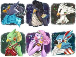 Rule 34 | 2girls, 4boys, amali (zelda), armor, artist name, beak, bird boy, bird girl, black fur, black hair, blisserooni, blonde hair, blue eyes, blue fur, blue hair, blue scarf, blush stickers, body fur, border, breastplate, closed mouth, crop top, drop shadow, earrings, feather hair ornament, feathers, from side, furry, furry female, furry male, gears, gem, green eyes, green fur, grey fur, hair ornament, hair ribbon, hair tie, hair tubes, half-closed eyes, happy, harth (zelda), headband, heart, highres, hoop earrings, jewelry, kass, looking at viewer, multiple boys, multiple girls, musical note, nintendo, open mouth, outline, outside border, pink hair, portrait, profile, purple fur, quad tails, red feathers, red gemstone, red shirt, revali, ribbon, rito, saki (zelda), scarf, shirt, short hair, shoulder pads, sleeveless, sleeveless shirt, smile, smug, snowflakes, solo, sparkle, teba (zelda), the legend of zelda, the legend of zelda: breath of the wild, twitter username, two-tone fur, upper body, watermark, white border, white fur, white hair, white headband, white outline, white scarf, white shirt, yellow eyes, yellow fur, yellow ribbon