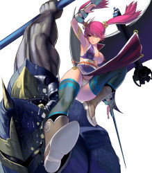 Rule 34 | 1boy, 1girl, arm up, armlet, armpits, axe, battle axe, breasts, broken, broken weapon, cleavage, dagger, full body, green thighhighs, helmet, in the face, jamadhar, kicking, knife, kouno (masao), large breasts, lips, long hair, original, pink hair, red eyes, scar, scar across eye, scar on face, tabard, thighhighs, twintails, weapon