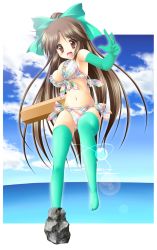 Rule 34 | 1girl, arm cannon, asymmetrical clothes, bikini, bow, breasts, brown hair, cleavage, elbow gloves, female focus, frilled bikini, frills, front-tie top, full body, gloves, hair bow, highres, kamiya tomoe, legs, lens flare, long hair, open mouth, outdoors, reiuji utsuho, side-tie bikini bottom, sky, solo, swimsuit, thighhighs, touhou, weapon
