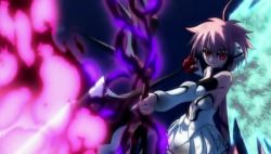 Rule 34 | 00s, 1girl, arrow (projectile), bow (weapon), fire, fire, ikaros, pink hair, red eyes, screencap, solo, sora no otoshimono, weapon, wings
