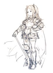 Rule 34 | armor, armored boots, boots, full body, gauntlets, greyscale, hair ribbon, hand on hilt, hand on own hip, junwool, looking away, monochrome, radiata stories, ribbon, ridley timberlake, sidelocks, sketch, skirt, solo, standing, twintails, weapon