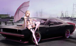 Rule 34 | 1girl, absurdres, alternate costume, black panties, blonde hair, breasts, car, checkered clothes, commission, dodge challenger, elbow gloves, fingerless gloves, gloves, goddess of victory: nikke, harbor, high heels, highres, holding, holding umbrella, horns, kcar66t, large breasts, leaning against vehicle, leaning back, long hair, looking at viewer, miniskirt, motor vehicle, nail polish, navel, open mouth, outdoors, panties, pink eyes, pink horns, pink nails, pleated skirt, race queen, revealing clothes, sideboob, skirt, sleeveless, sleeveless turtleneck, solo, thighhighs, turtleneck, umbrella, underboob, underwear, very long hair, viper (nikke), yacht