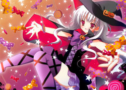 Rule 34 | 1girl, blush, candy, cape, food, food-themed hair ornament, gradient background, hair ornament, halloween, hat, jack-o&#039;-lantern, natsuki coco, orange background, outstretched arms, outstretched hand, pumpkin, pumpkin hair ornament, purple background, reaching, red eyes, solo, star (symbol), thighhighs, white hair, witch, witch hat