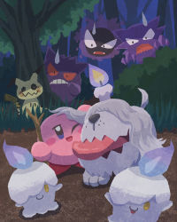 Rule 34 | bush, commentary request, confused, creatures (company), crossover, dirt road, game freak, gastly, gen 1 pokemon, gen 5 pokemon, gen 7 pokemon, gengar, greavard, haunter, highres, holding, holding stick, kirby, kirby (series), litwick, miclot, mimikyu, night, nintendo, no humans, open mouth, outdoors, pokemon, pokemon (creature), road, stick, sweatdrop, tongue, tongue out, tree