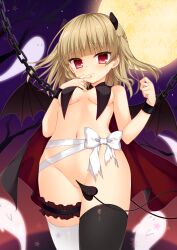 Rule 34 | 1girl, asymmetrical legwear, bare shoulders, bare tree, black cloak, black thighhighs, blonde hair, blunt bangs, blunt ends, blush, bow, breast curtains, breasts, breasts apart, chain, cloak, closed mouth, commentary, covered erect nipples, cowboy shot, cuffs, demon girl, demon horns, demon tail, demon wings, eyes visible through hair, floating hair, frilled straps, from below, frown, full moon, ghost, halloween, handcuffs, hands up, hanesaki seika, highres, horns, looking at viewer, medium hair, mismatched legwear, moon, navel, night, no panties, original, outdoors, partially visible vulva, purple sky, red cloak, red eyes, shy, sky, small breasts, solo, standing, tail, tail censor, thigh strap, thighhighs, thighs, tree, two-tone cloak, two side up, underboob, white bow, white thighhighs, wings, | |